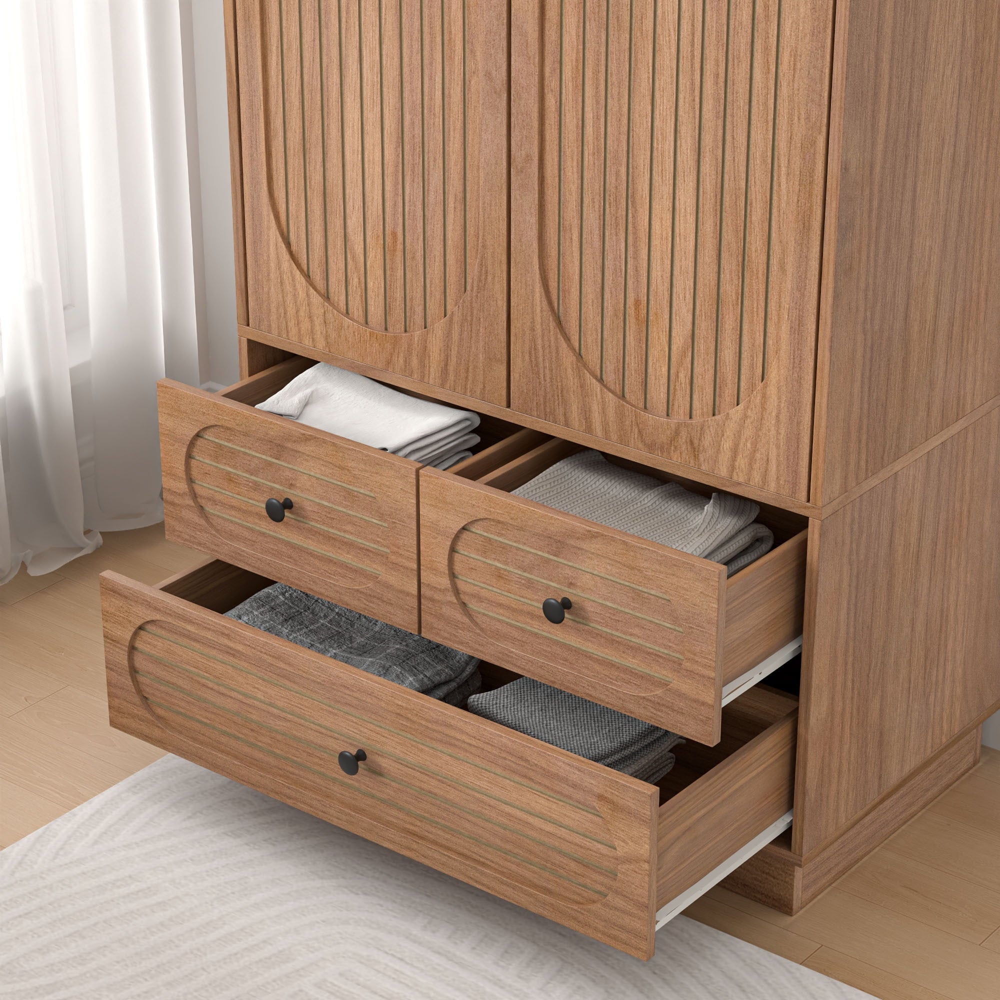 Wardrobe Closet with 2 Door & 3 Drawers, Freestanding Wooden Closet with Shelves and Hanging Rod, Bedroom