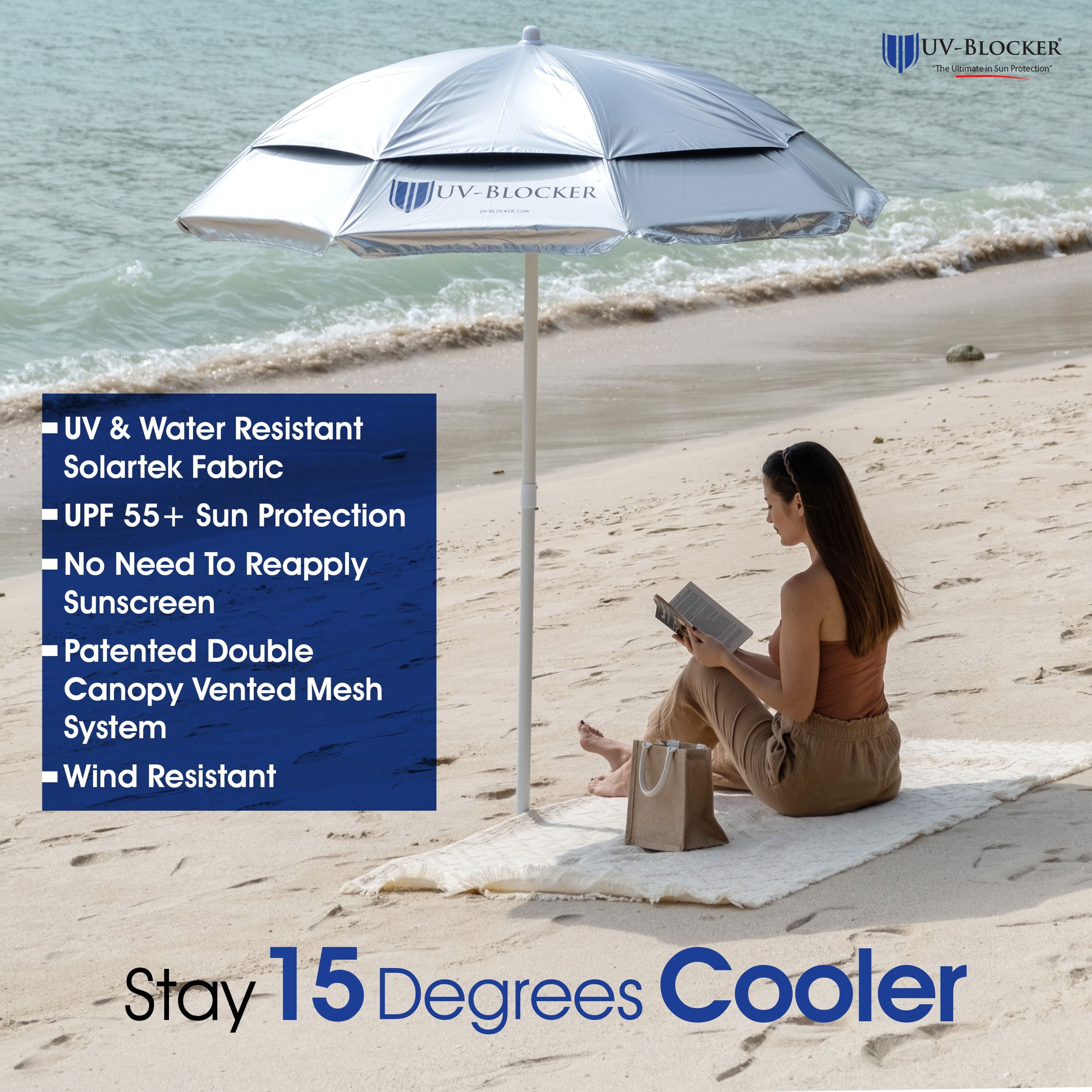 UV Blocker Beach Umbrella Sun Protection UPF 55+ Heavy Duty Large Beach Umbrellas for Sand 7.5 Foot