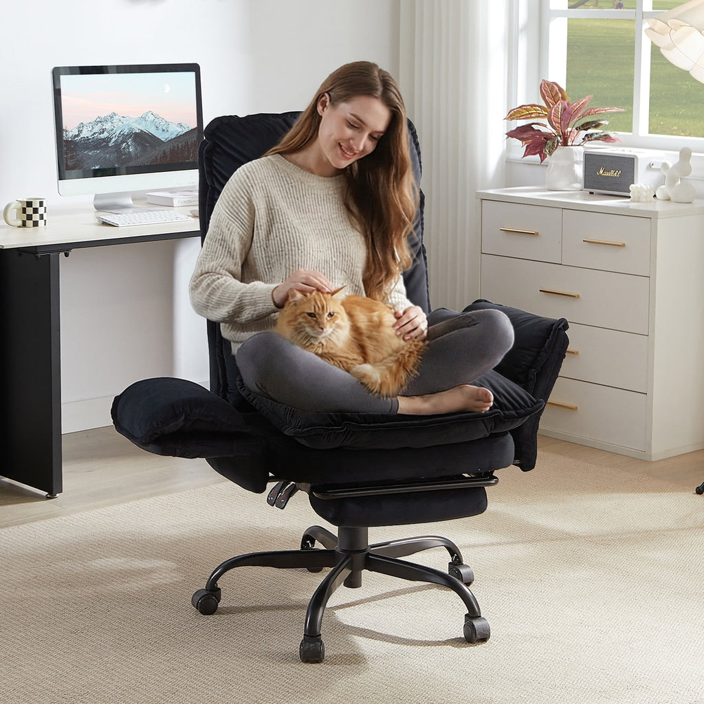 Bestier Big and Tall Executive Office Chair with Flip-up Arms for Adult, Wide Seat Ergonomic Computer Desk Chair,High Back Velvet Comfy Cross-Legged Office Chair with Footrest and Side Pockets, Black