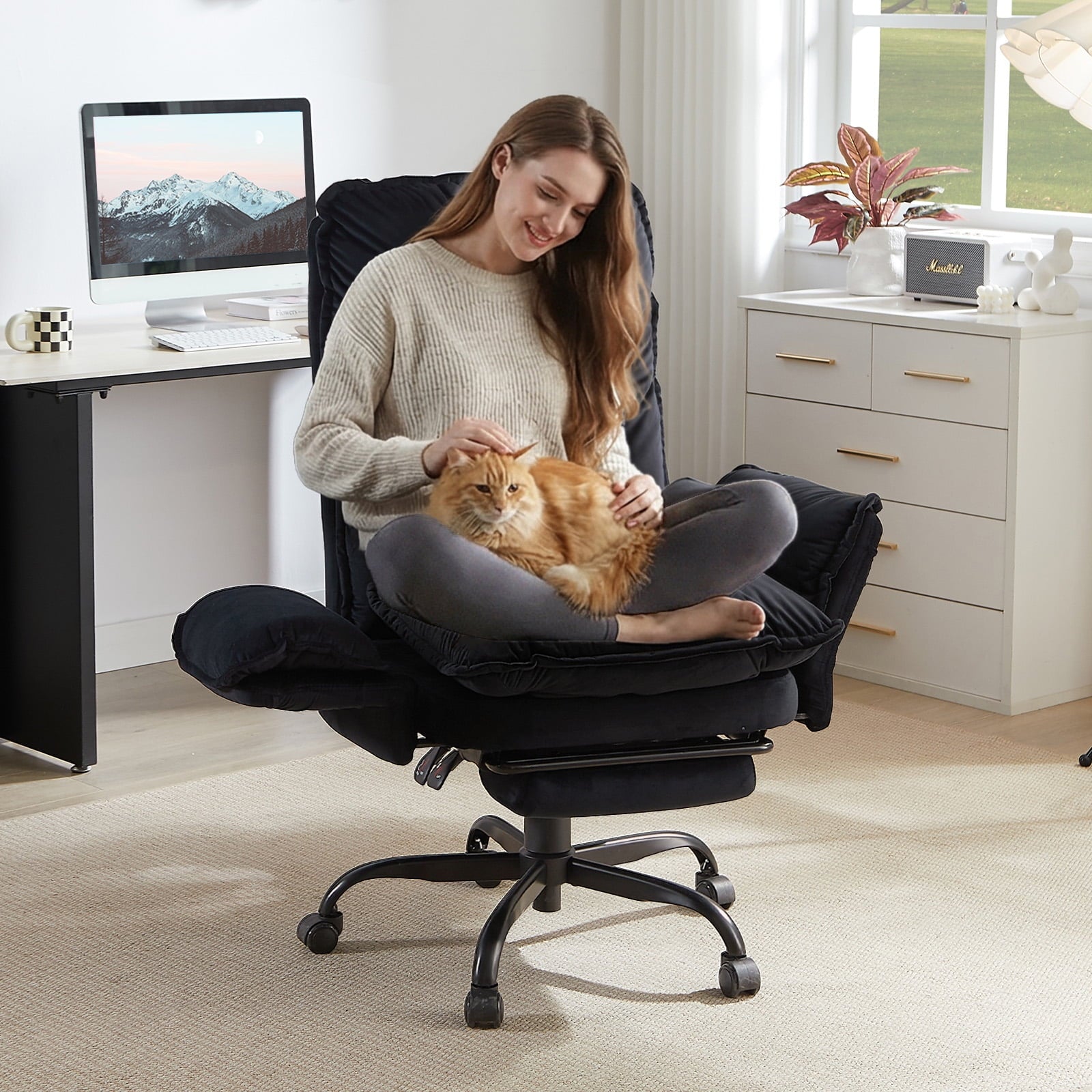 Bestier Big and Tall Executive Office Chair with Flip-up Arms for Adult, Wide Seat Ergonomic Computer Desk Chair,High Back Velvet Comfy Cross-Legged Office Chair with Footrest and Side Pockets, Black