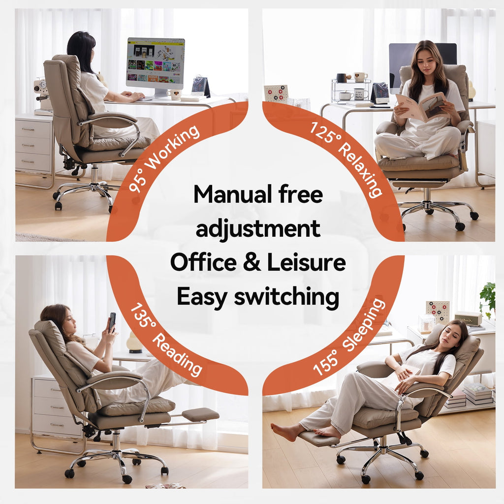 LEAGOO Reclining Office Chair with Foot Rest, Executive Office Chairs with Arms, Ergonomic High Back PU Leather Comfy Swivel Computer Desk Chairs with Wheels and Lumbar Support for Home Office, White
