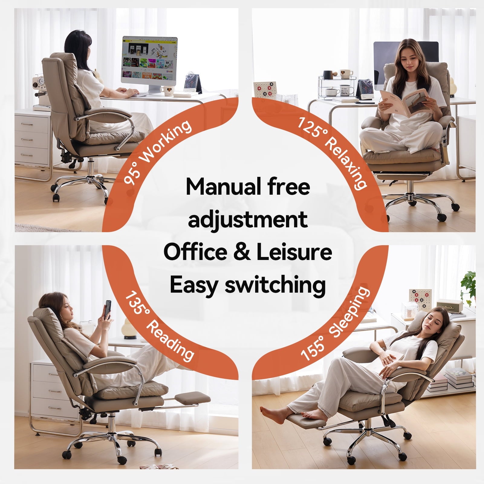 LEAGOO Reclining Office Chair with Foot Rest, Executive Office Chairs with Arms, Ergonomic High Back PU Leather Comfy Swivel Computer Desk Chairs with Wheels and Lumbar Support for Home Office, White
