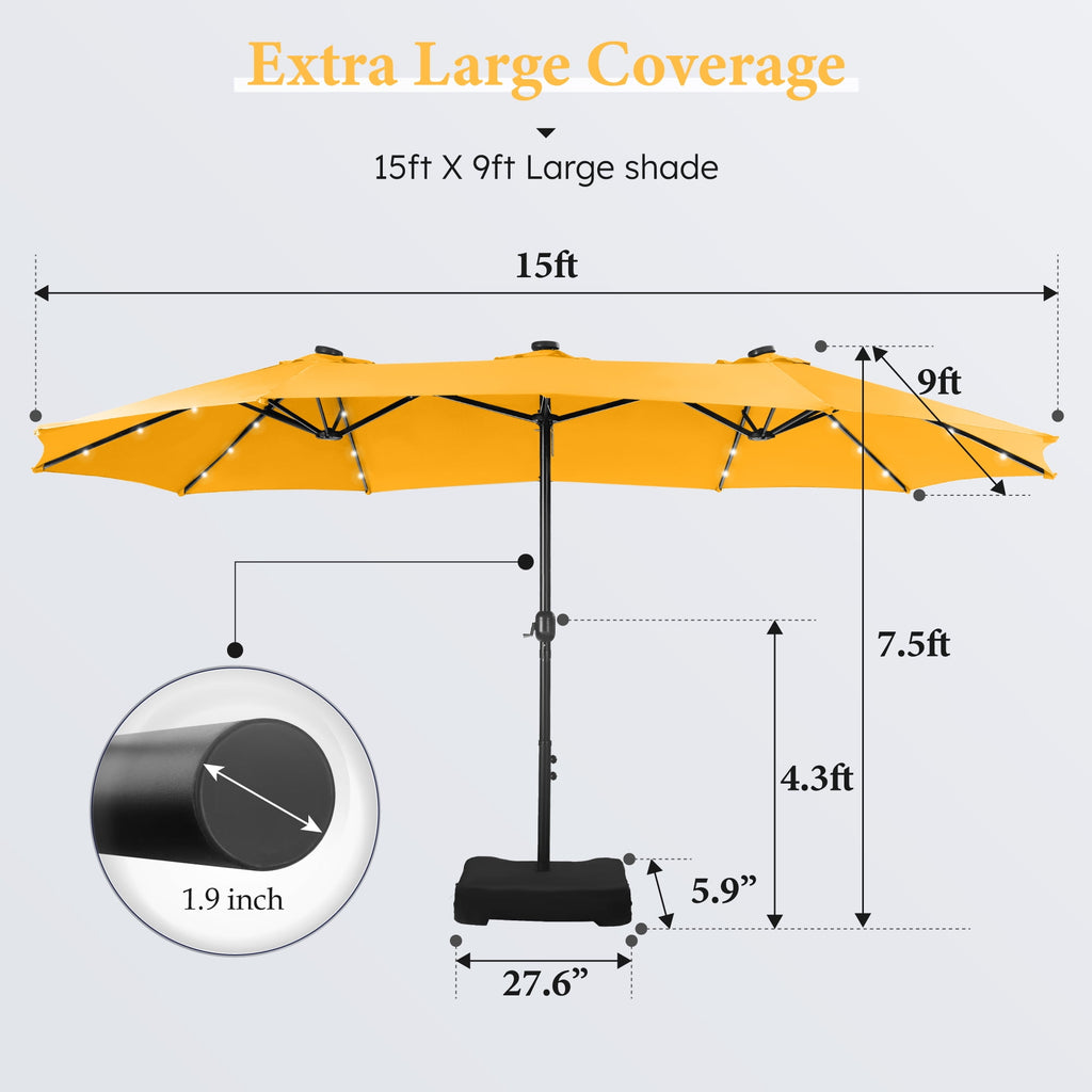 SUMMIT LIVING 15ft Double-Sided Solar Patio Umbrella with Base (Included) Large Outdoor Umbrella with Solar Lights - Beige