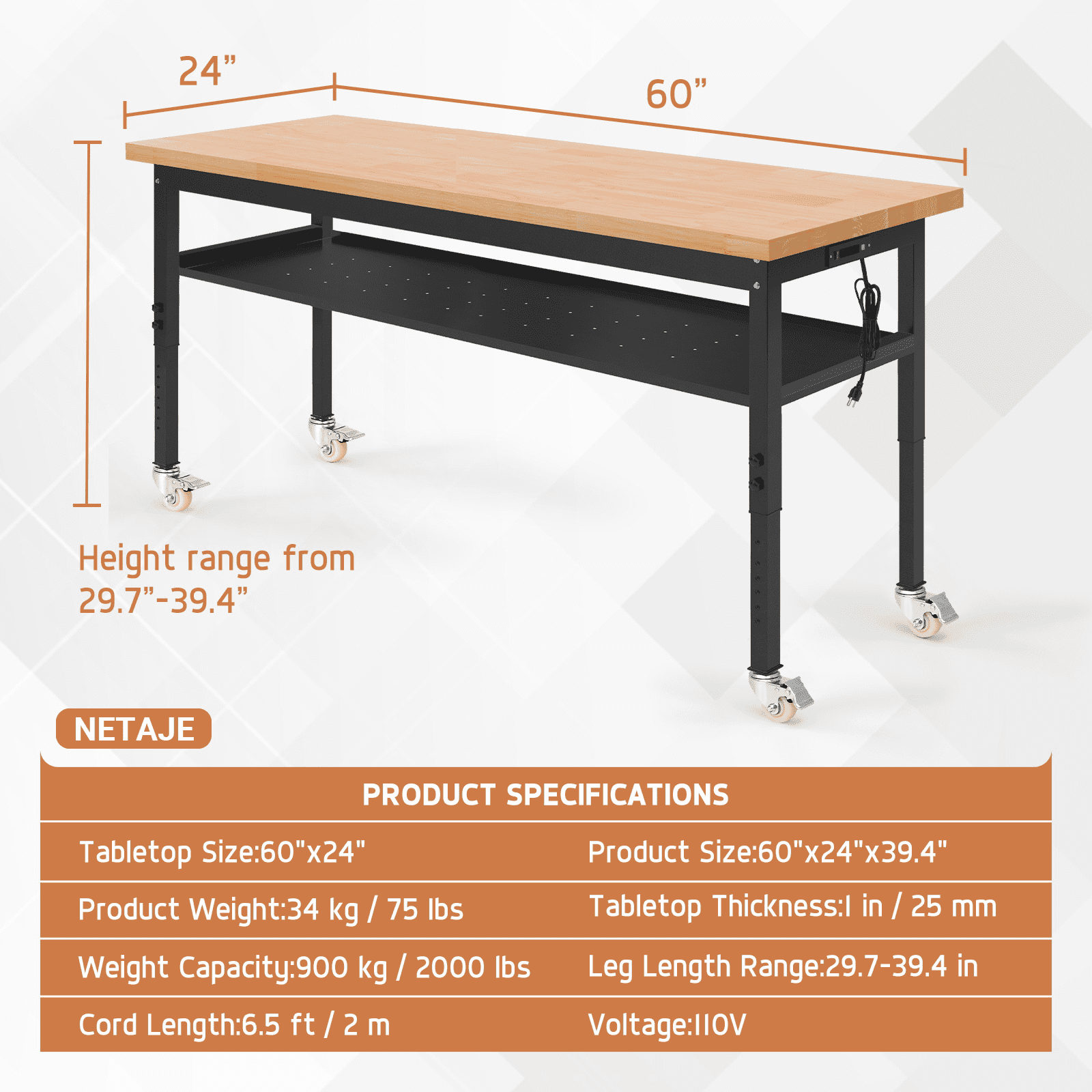 NETAJE 60 Heavy-Duty Work Bench Adjustable Workbench Work Table 2000 lb Load Capacity w/ Power Outlets for Garage, Workshop, Workstation