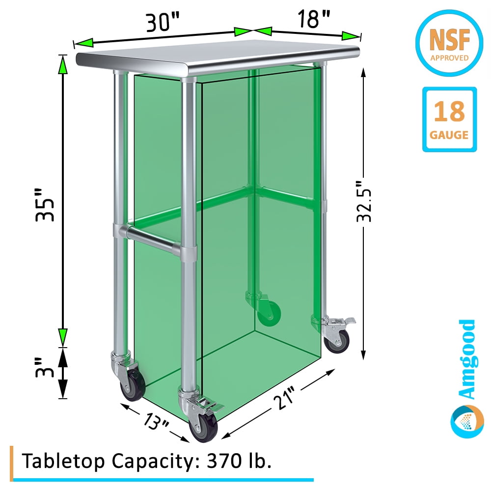 AmGood 36 Long x 30 Deep Stainless-Steel Work Table with Open Base and Wheels, Mobile Metal Table