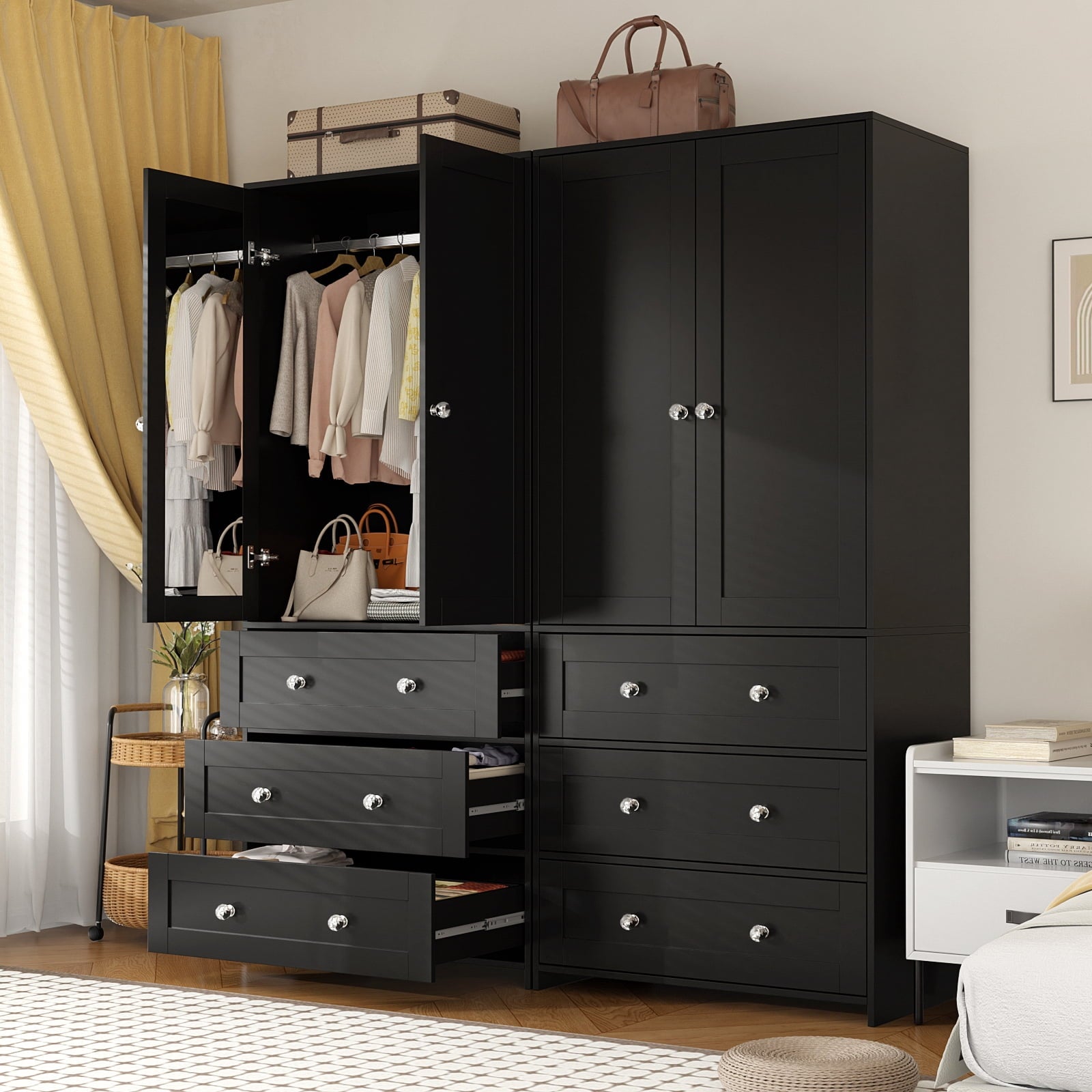 Richya Wooden Freestanding Wardrobe Closet Cabinet with 3 Drawers,Modern Wood Closet Storage Cabinet for Bedroom