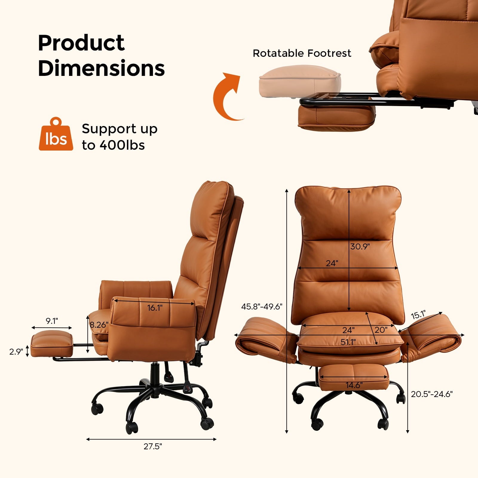 Patbrela Big and Tall Office Chair, PU Leather Swivel Desk Chair Ergonomic Computer Chairs with Adjustable Armrests, Black