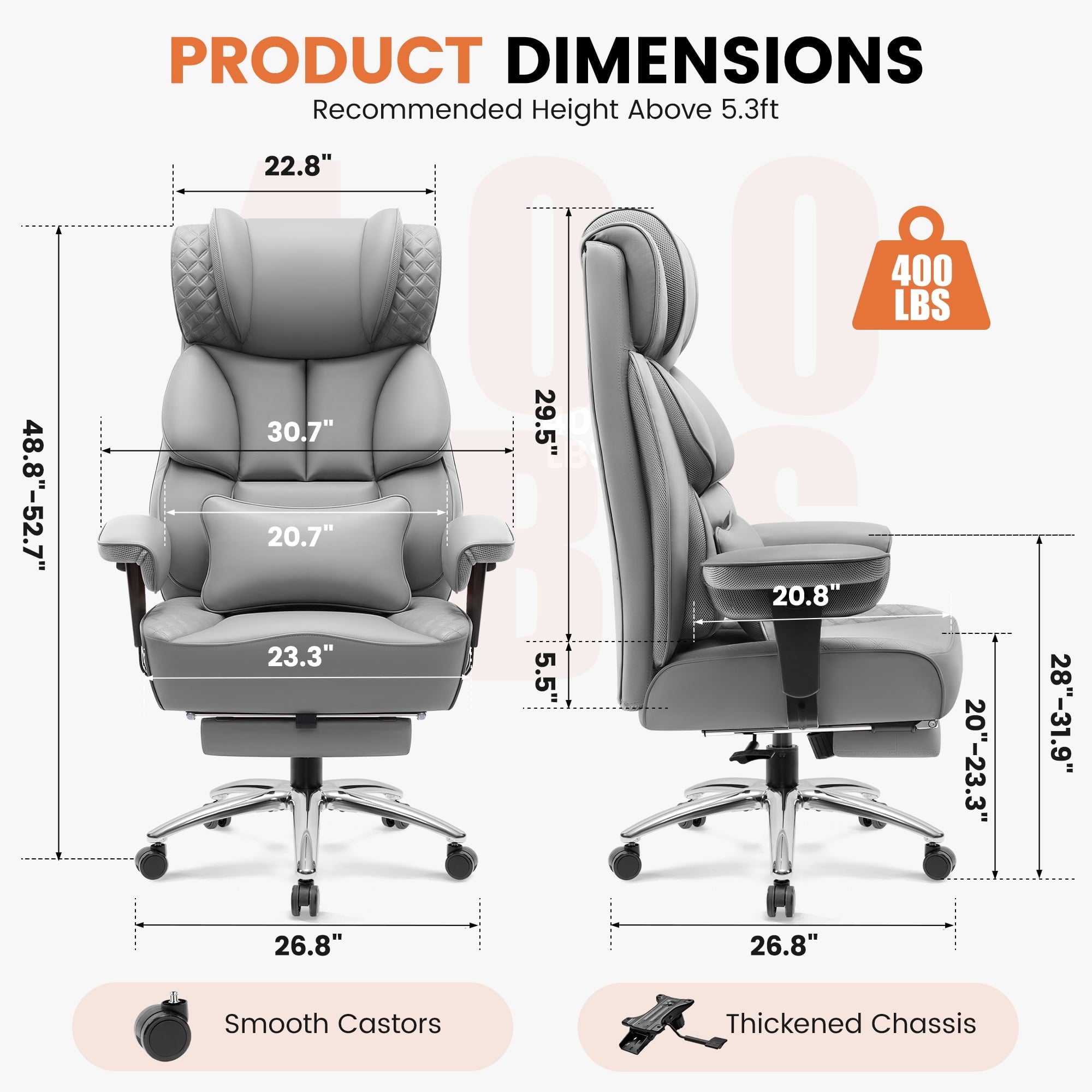 COOLHUT Big and Tall Office Chair 400LBS, Adjustable Headrest Ergonomic Computer Desk Chair, Executive Leather Chair with Adjustable Armrest, High Back Office Chair Havy Duty Design, Black