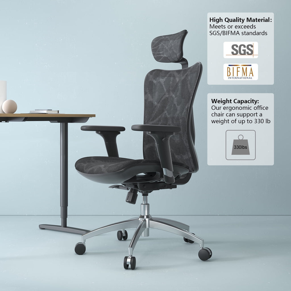 Sihoo M57 Ergonomic Office Chair, Adjustable Swivel Mesh High Back Desk Chair with Headrest, Lumbar Support, Black