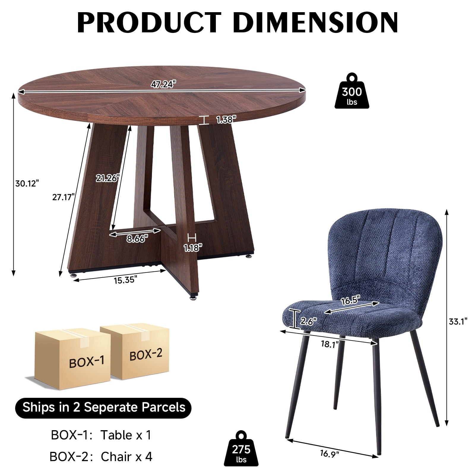 5 Piece 47'' Round Dining Table Chairs Set for 4, Farmhouse Oak Kitchen Table with 4 Boucle Mid Century Modern Dinning Room Chairs, Wood Dinner Table &Upholstered Chair Set of 4, Beige