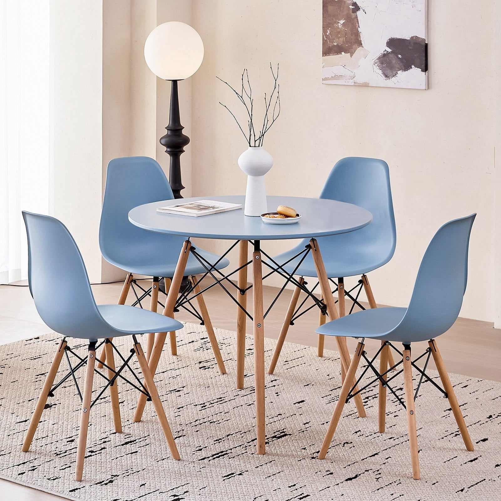 5-Piece 35.5'' Round Dining Table Set for 4, Kitchen Table Chair Set of 4, Mid-Century Modern Dinette Dining Room Table Set Dinner Table for 4 W/Solid Wood Legs, White