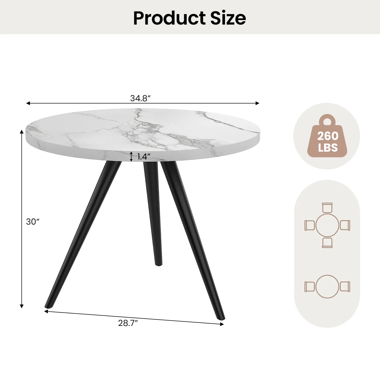 34.8 Round Dining Table for 4 People, Modern Circle Kitchen Table with Metal Legs for Kitchen, Dining Room, Apartment,Gray