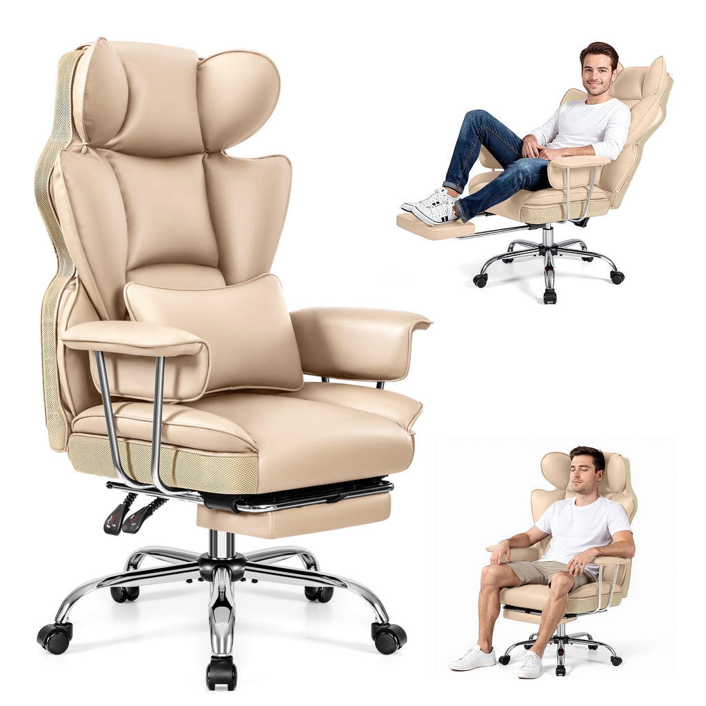 Primy High Back Office Chair, Big and Tall PU Leather Executive Chair with Footrest – Ergonomic Reclining Computer Desk Chair, High-Density Foam, Heavy Duty Swivel Rolling Chair, Black