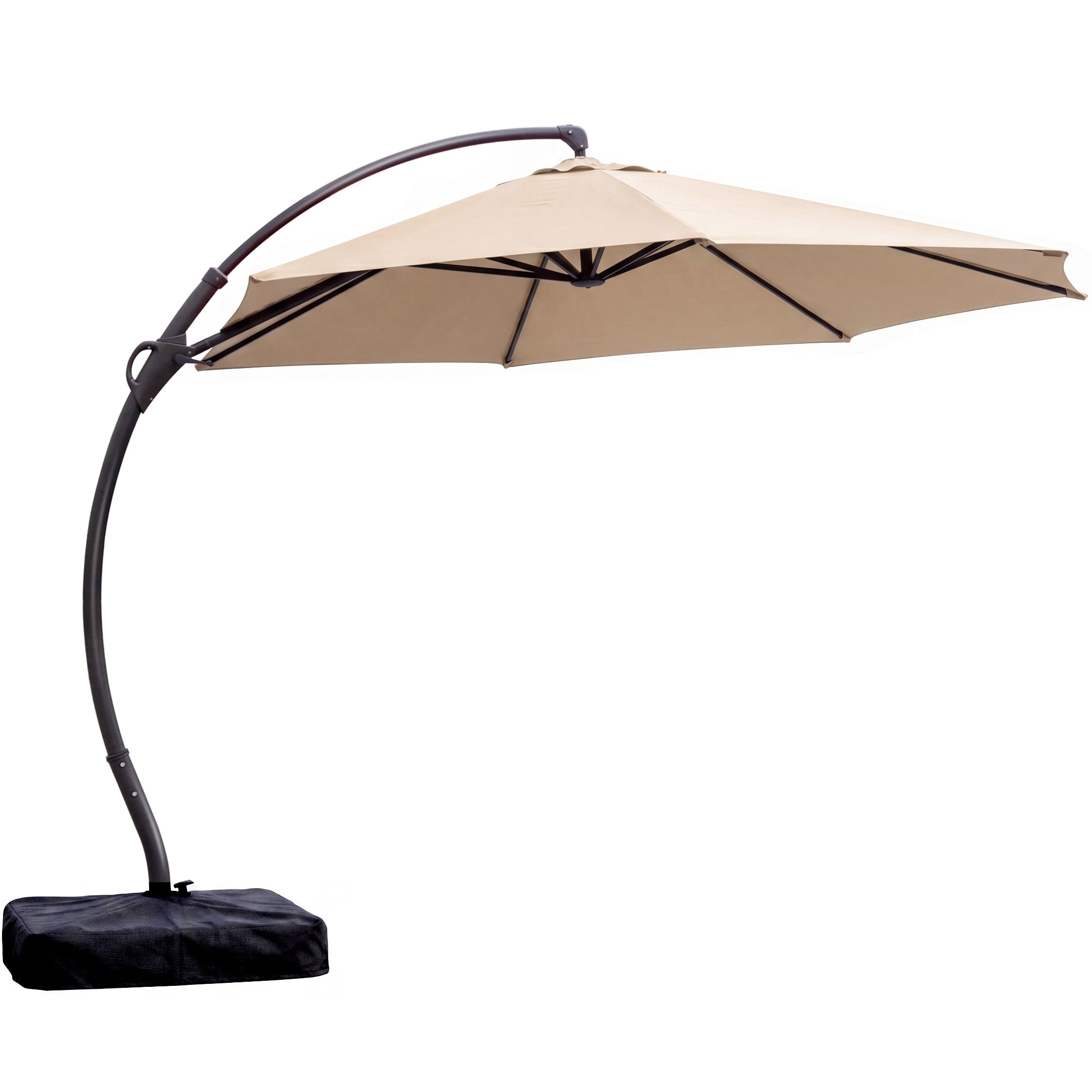 KAMEROUT 11FT Patio Umbrella with Fabric Sandbag Base, Outdoor Deluxe Curvy Cantilever Umbrella for Pool Deck, Champagne