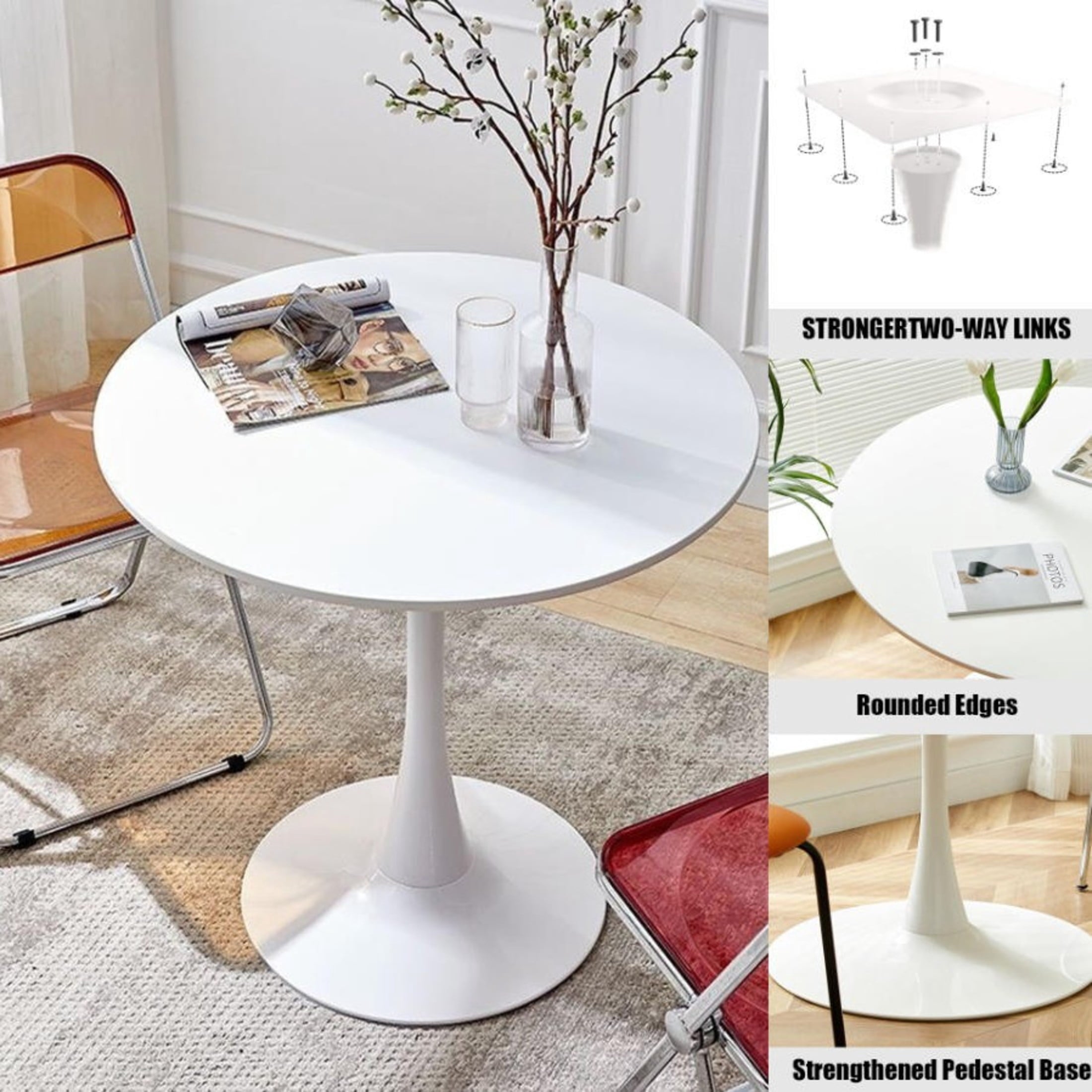 GDF Studio 24 Round Modern Dining Table, Wooden Top Tulip Table with Steel Pedestal Base, Kitchen Table, Walnut