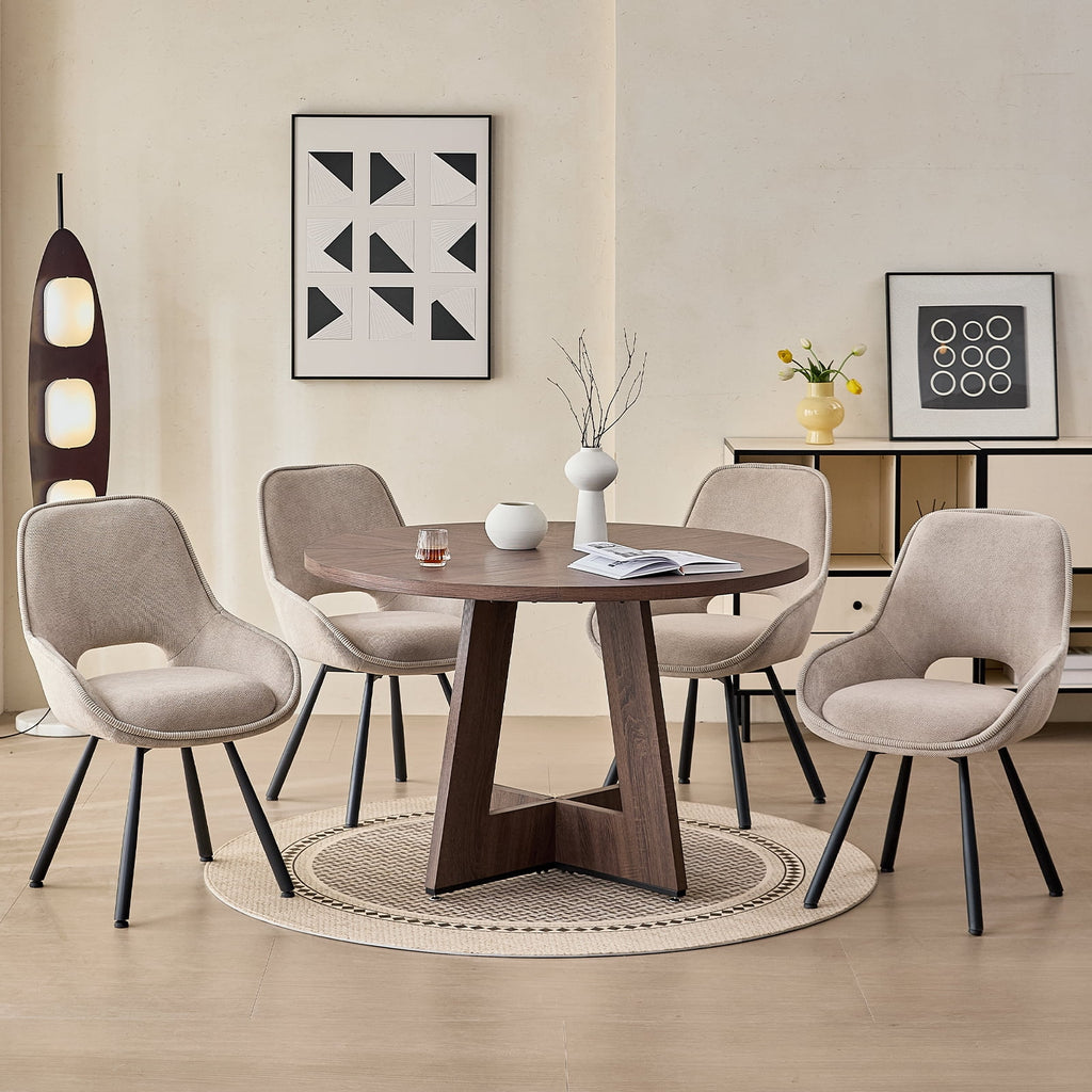 5 Piece 47'' Round Dining Table Chairs Set for 4, Farmhouse Oak Kitchen Table with 4 Boucle Mid Century Modern Dinning Room Chairs, Wood Dinner Table &Upholstered Chair Set of 4, Beige