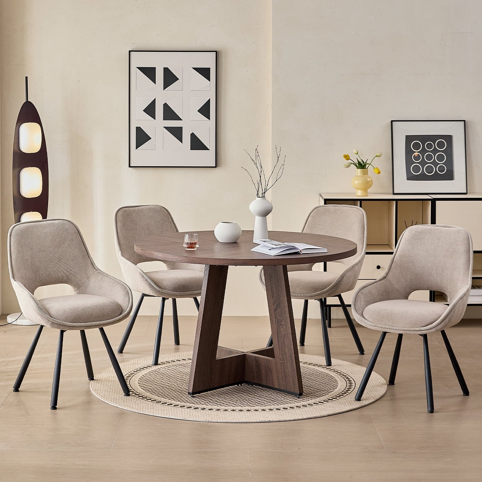 5 Piece 47'' Round Dining Table Chairs Set for 4, Farmhouse Oak Kitchen Table with 4 Boucle Mid Century Modern Dinning Room Chairs, Wood Dinner Table &Upholstered Chair Set of 4, Beige