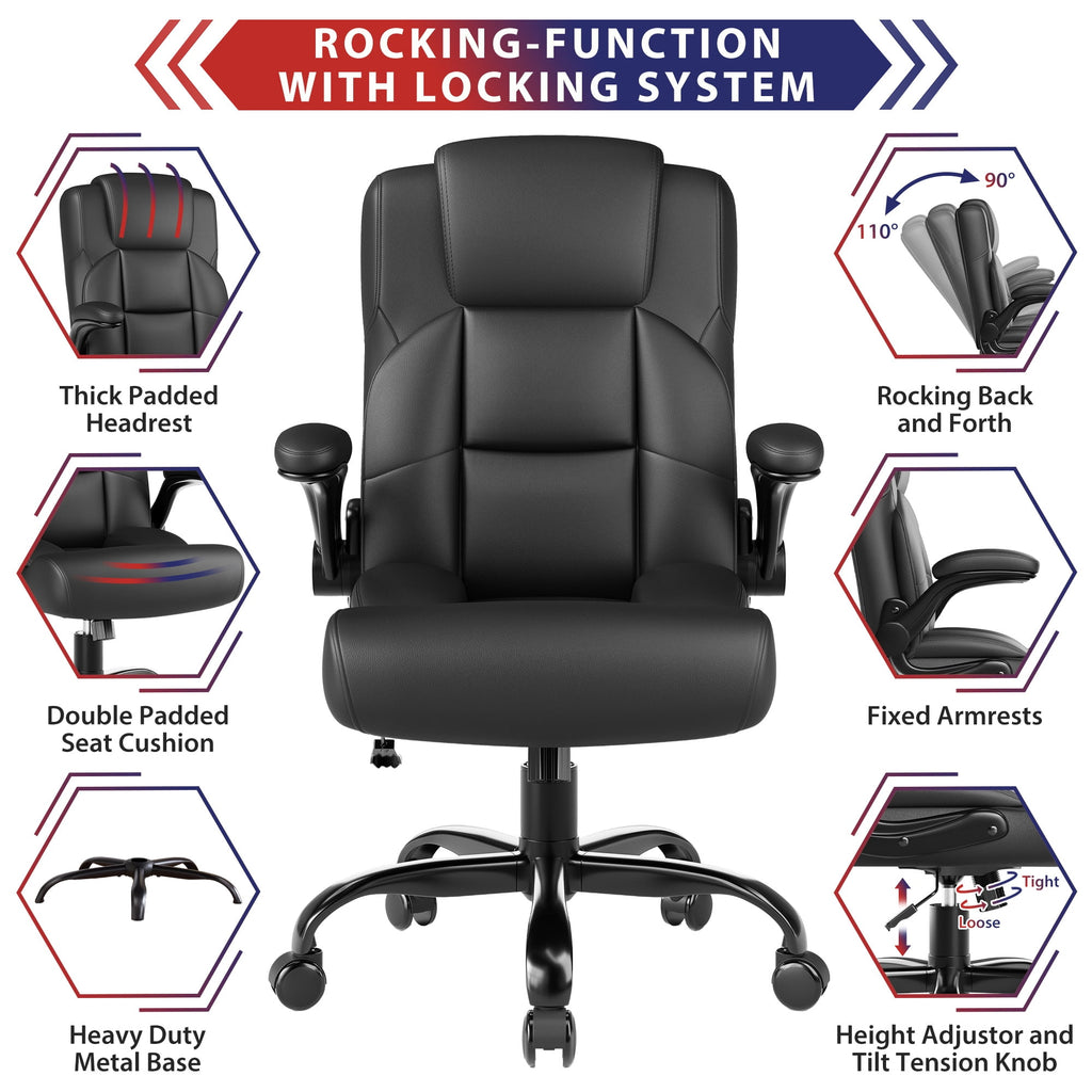 JONPONY Leather Office Chair, Big and Tall 500lbs Ergonomic Desk Chairs with Back Support, Executive Leather Chair with Wheels for Home Office, with Adjustable Padded Armrest & Lumbar Support , Black