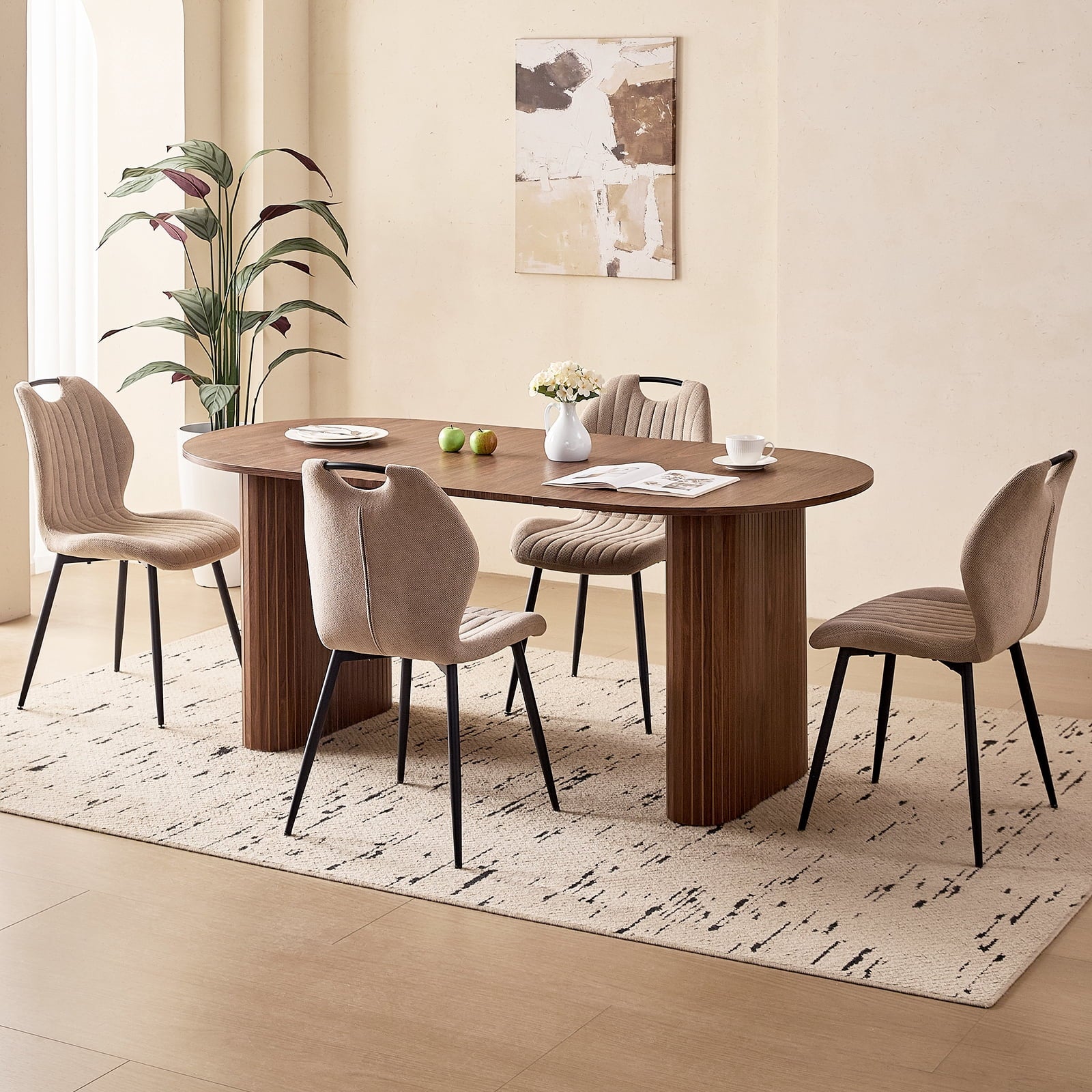 71 Natural Large Dining Table Set for 4 Modern Kitchen Table with Beige Boucle Upholstered Kitchen Chairs Set of 4