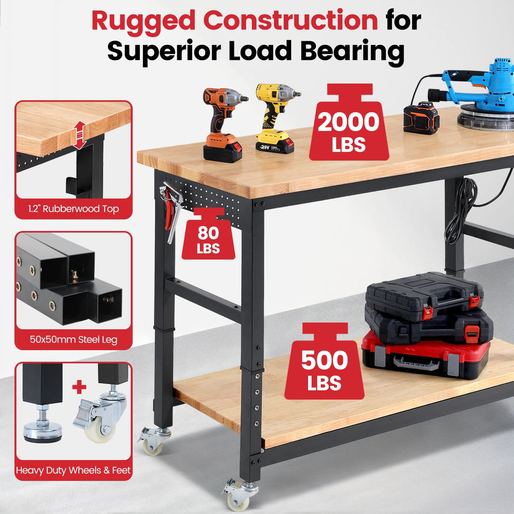 Workbench for Garage,ENJOYWOOD Heavy Duty 48 inch 2 Tier Wood Work Bench with Rolling Wheels and Power Outlets,Rubber Wood Tabletop,2000 LBS Load Bearing Workstation Garage Desk Table Worktable