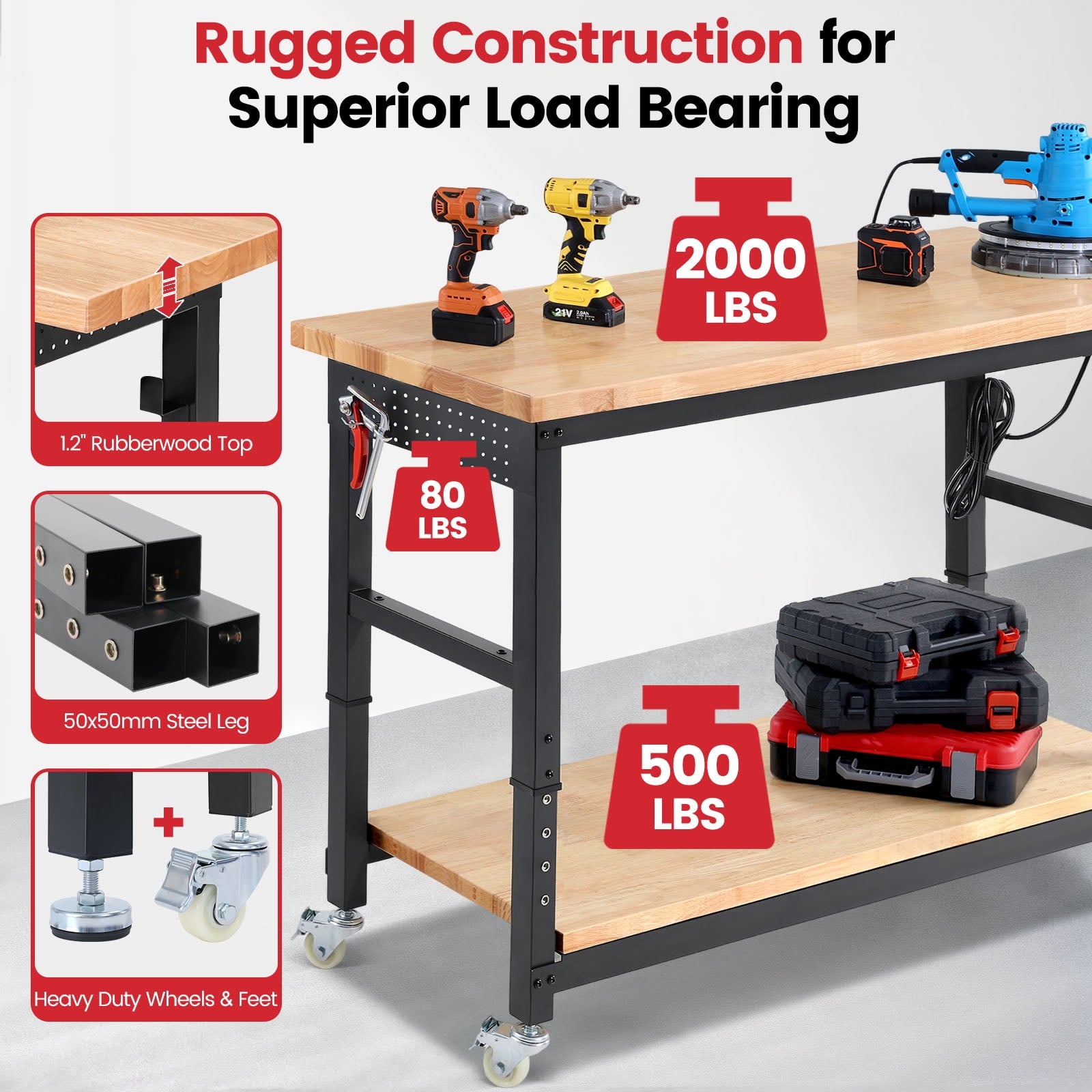 Workbench for Garage,ENJOYWOOD Heavy Duty 48 inch 2 Tier Wood Work Bench with Rolling Wheels and Power Outlets,Rubber Wood Tabletop,2000 LBS Load Bearing Workstation Garage Desk Table Worktable