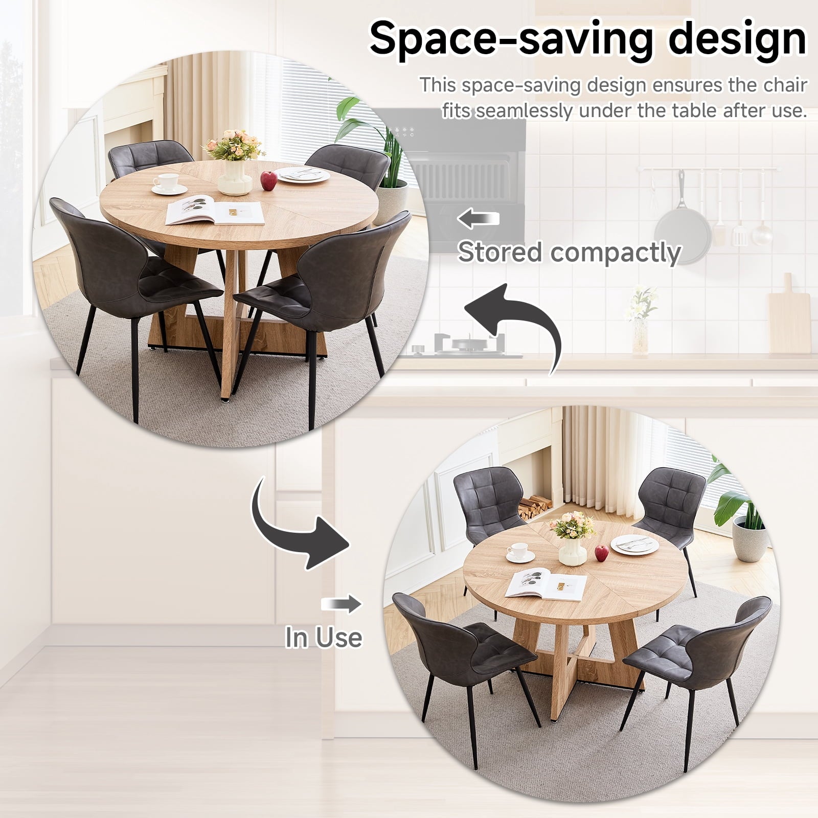 47 Round Dining Table Set for 4 Mid-Century Modern Kitchen Table with 4 Upholstered Chairs Kitchen Coffee Set Dining Table and Chairs for Living Room(Natural Table with 4 Beige Chairs)