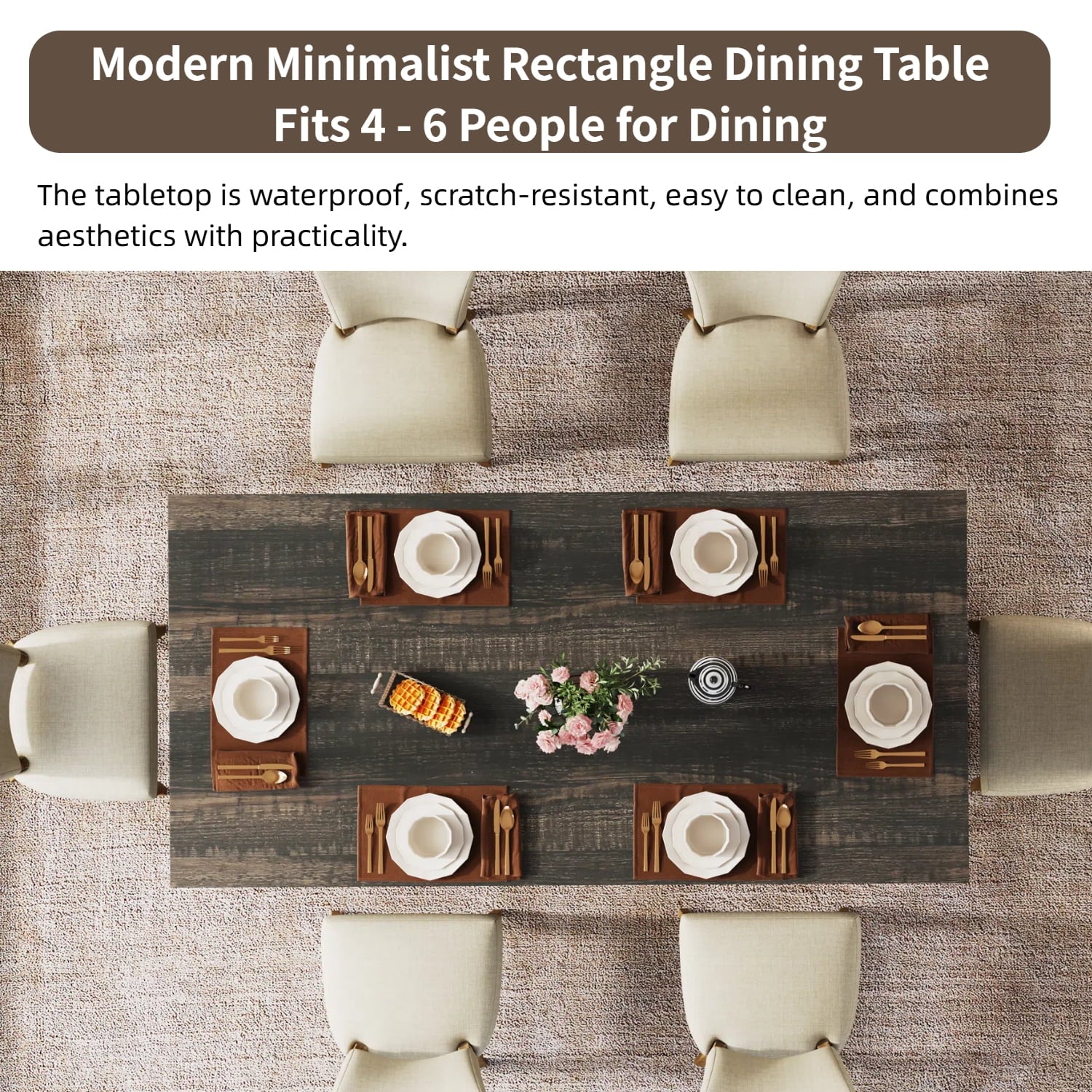 Fnova 63 Rectangular Modern Dining Table, Wooden Modern Kitchen Table for 6 People for Dining Room, Warm Brown (Chairs Not Included)