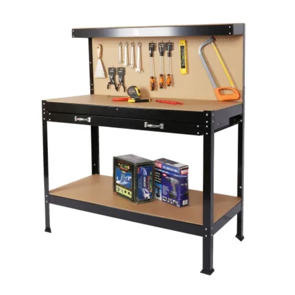 Heavy-duty workbench, home worktable, with a load-bearing capacity of 300 pounds, solid steel frame, MDF surface, drawers, water and rust-proof, suitable for garages and workshops
