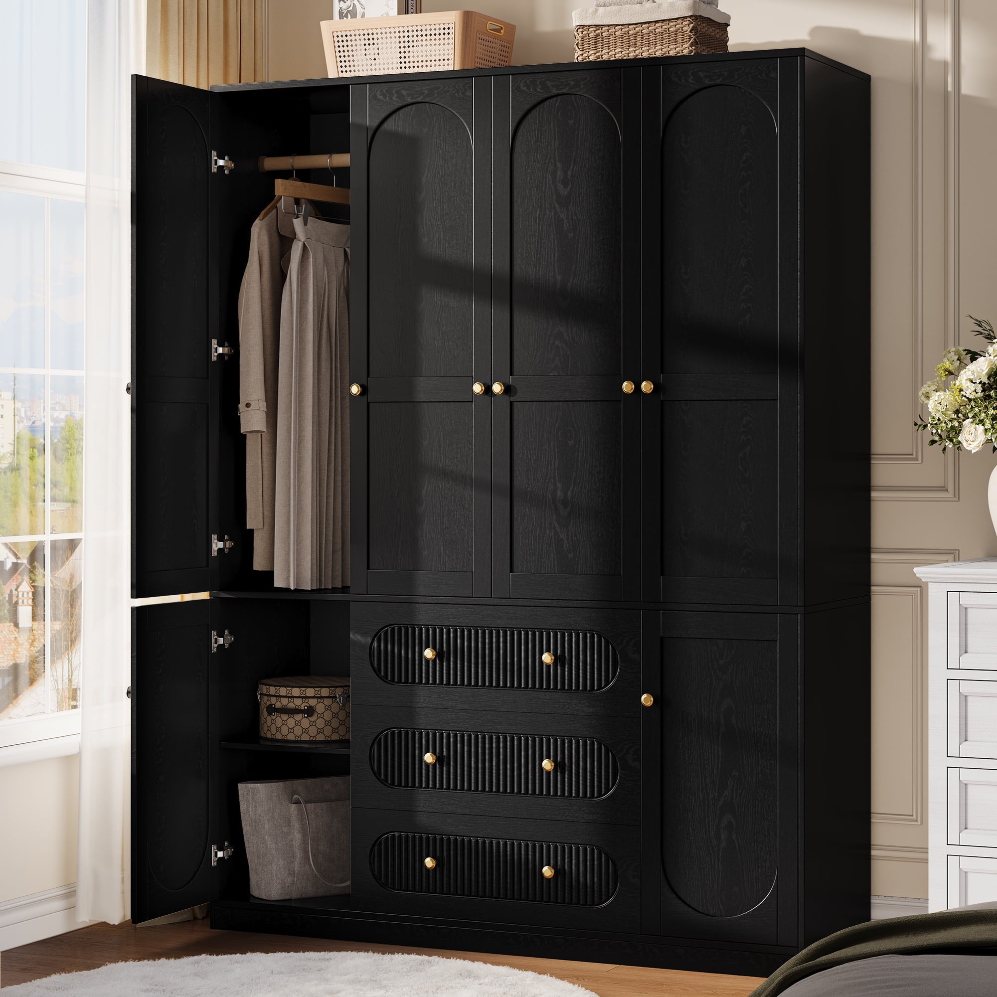 UGTOO 72H 4-Door Wardrobe Armoire with 3 Hanging Rods & 3 Drawers – Black Wooden Closet Storage Cabinet, Large Capacity Freestanding Clothes Organizer for Bedroom