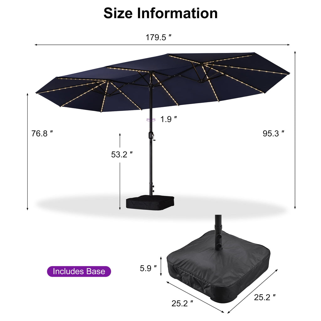 PURPLE LEAF 13ft Market Patio Umbrella with Solar LED and Base Double-Sided Sun Umbrellas for Pool Beach Deck Backyard Taupe