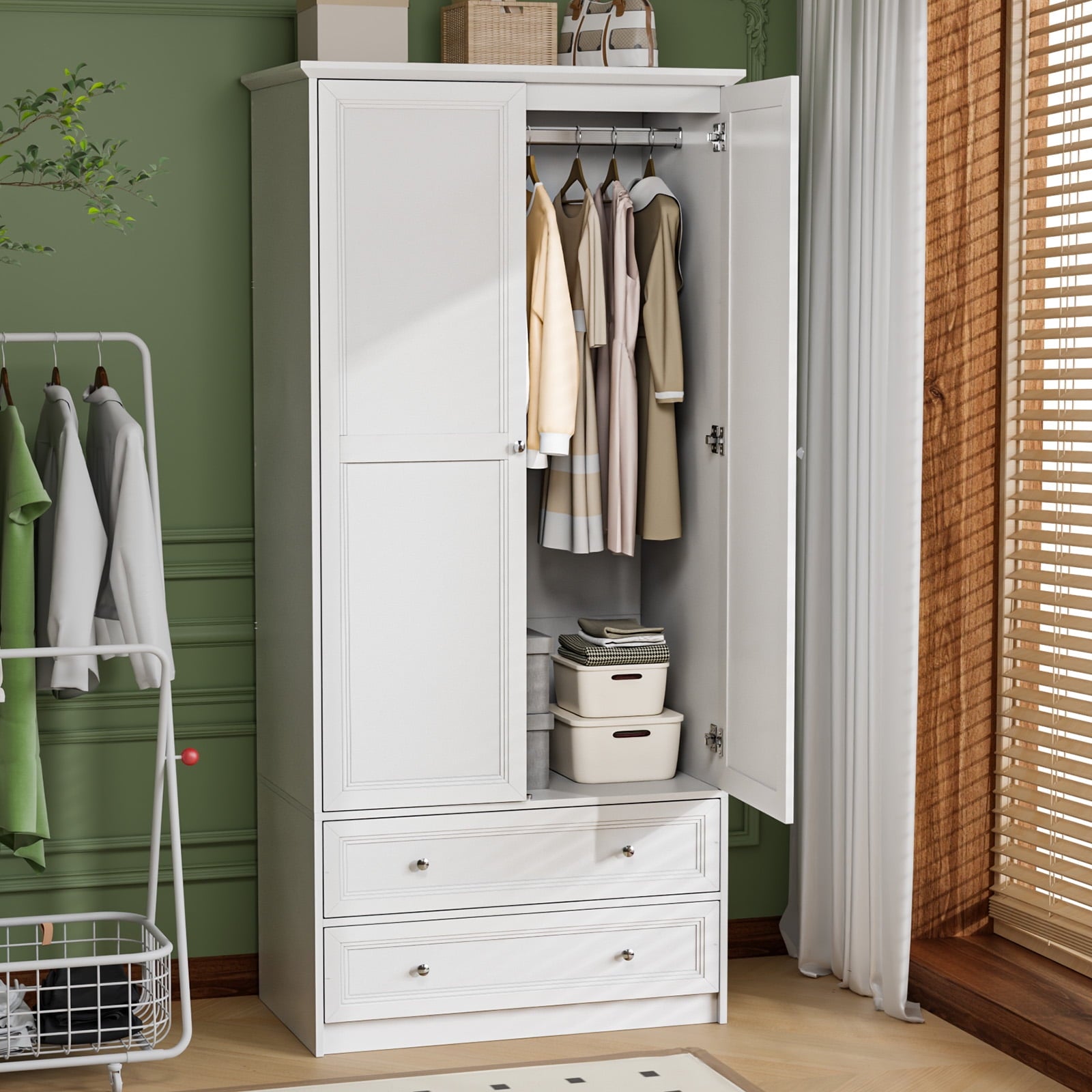 Ktaxon Wardrobe Armoire Closet with Hanging Rod, Modern Drawer & Shelf – Elegant White Finish Closet, Farmhouse to Mid-Century Style