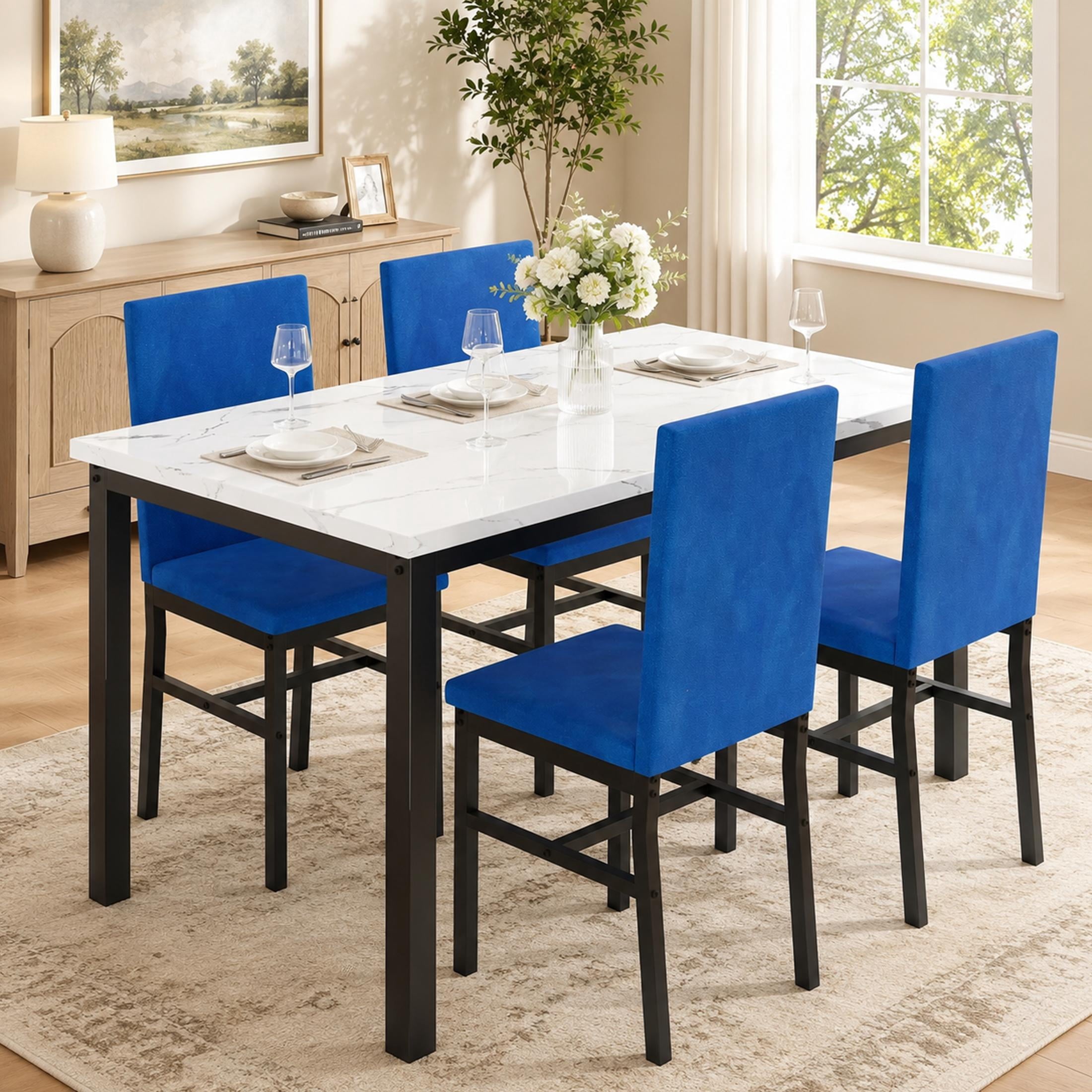 UHOMEPRO Dining Table Set for 4, 5 Piece Dining Room Table Set with Gray Velvet Upholstered Chairs, White Faux Marble Pattern Rectangle Kitchen Table Set for Breakfast Nook Small Space