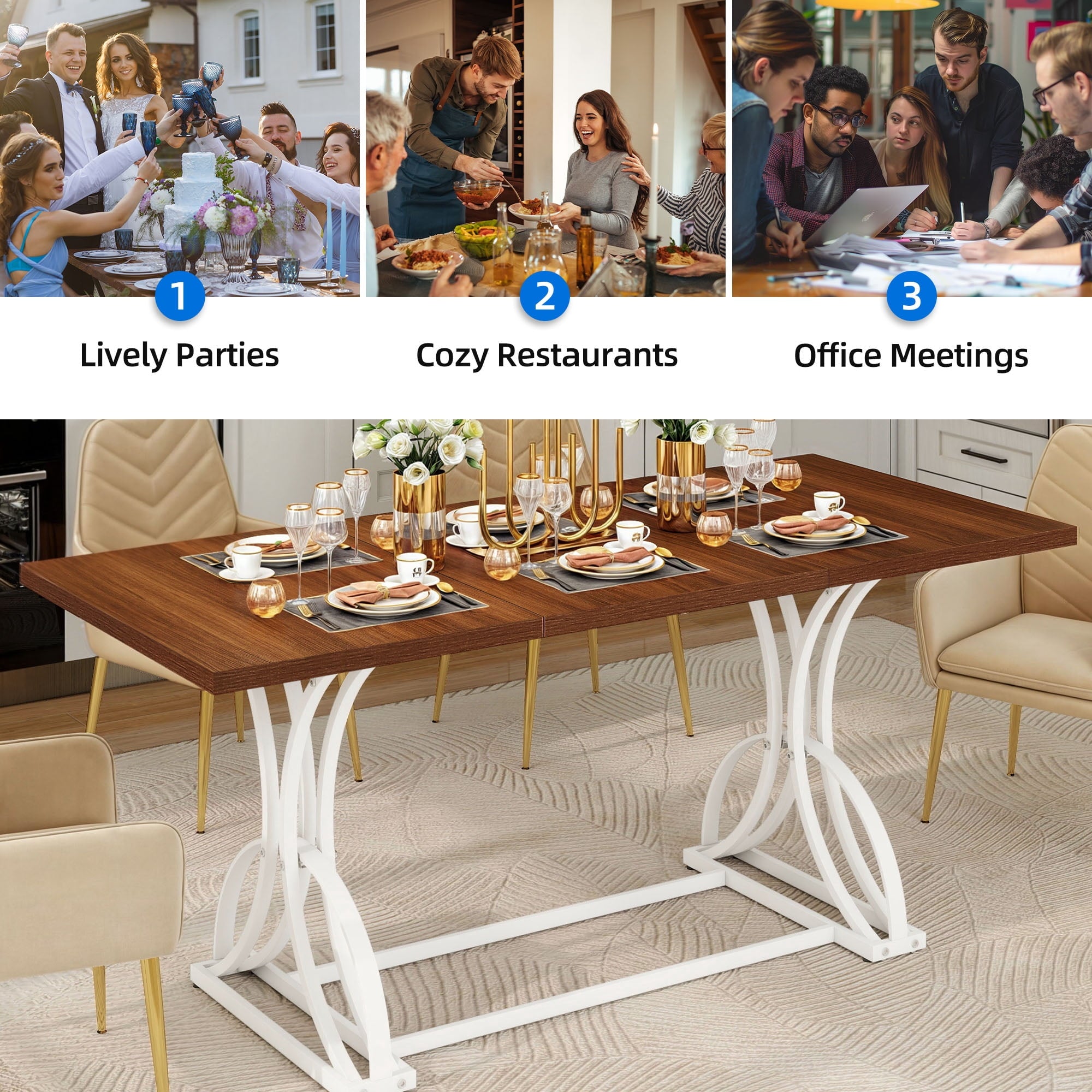 Dextrus 70 Wood Dinner Table for 6-8 Person, Rectangular Kitchen Table with Metal Leg for Gathering, Meeting, Office Kitchen, Dining Living Room, Walnut