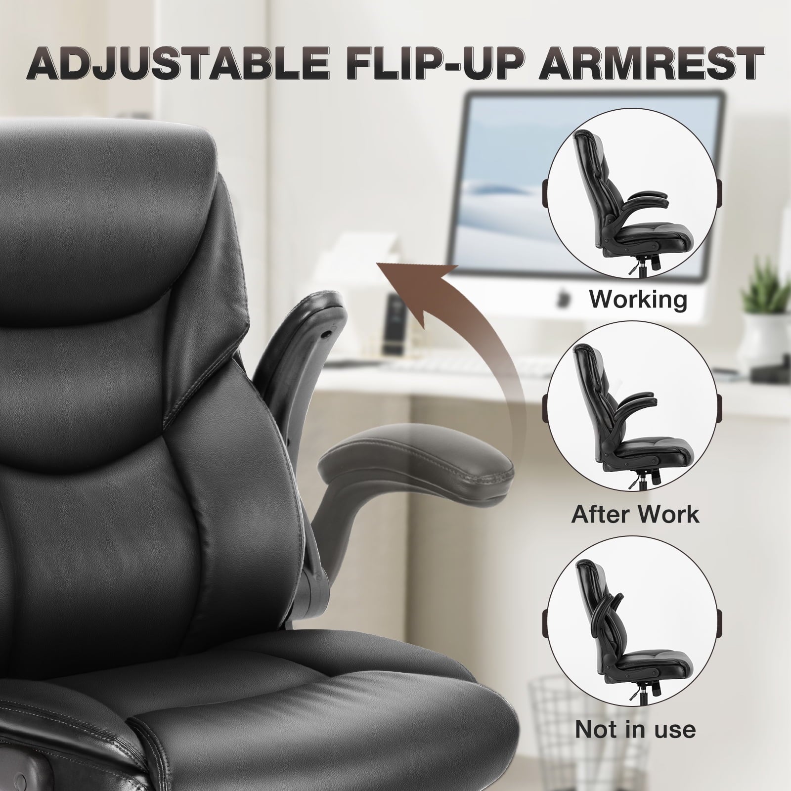 GIANNA Heavy Duty Ergonomic Computer Gaming Office Chair, With Wheels, Flip-up Arms, Adjustable Height, PU Leather, Black