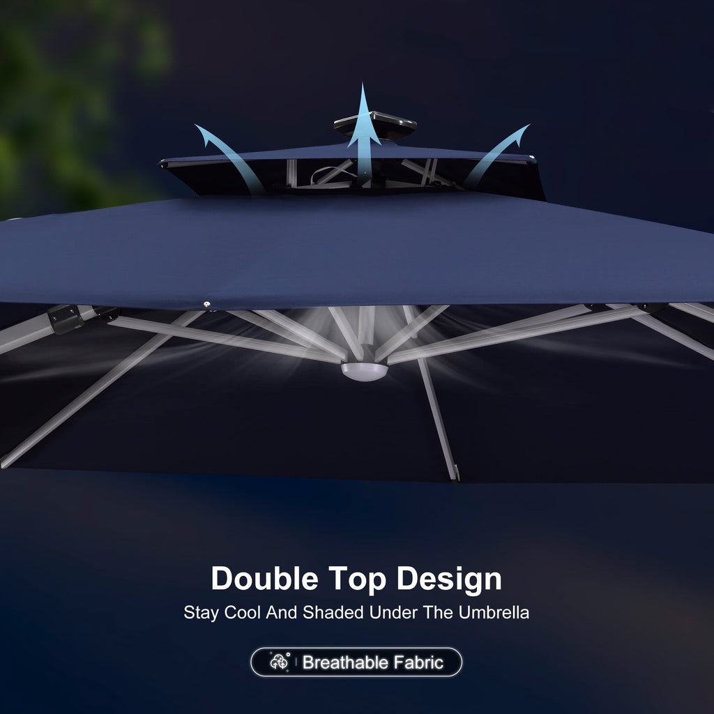 PURPLE LEAF 9 x 12FT Deluxe Rectangle Solar Powered LED Patio Umbrella with Base, Large Offset Cantilever Umbrella with 360° Rotation, Navy Blue