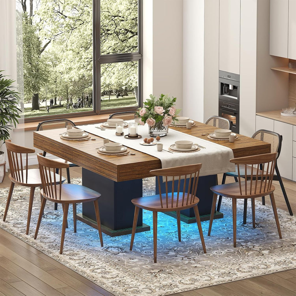 HAUXITIO 55 Inch Dining Table with LED Lights & 2 Drawers,Wooden Pedestal Base Table for 4-6 People,for Kitchen & Dining Room,White& Rustic Brown