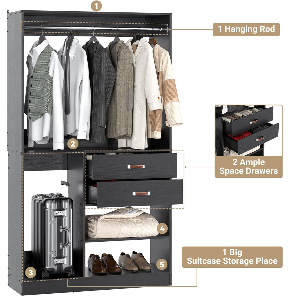 Homieasy Freestanding Closet System with Suitcase Storage, 40'' Closet Organizer System with 2 Wood Drawers and Hanging Rod, White