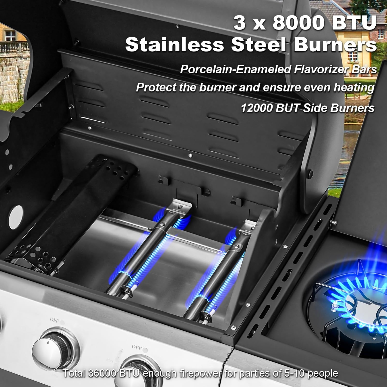 MELLCOM Upgraded 36,000 BTU Stainless Steel Burner Barbecue Grill, 3 Burner BBQ Propane Gas Grill with Cast Iron Grates & Side Stove for Patio, Camping, Outdoor Cooking