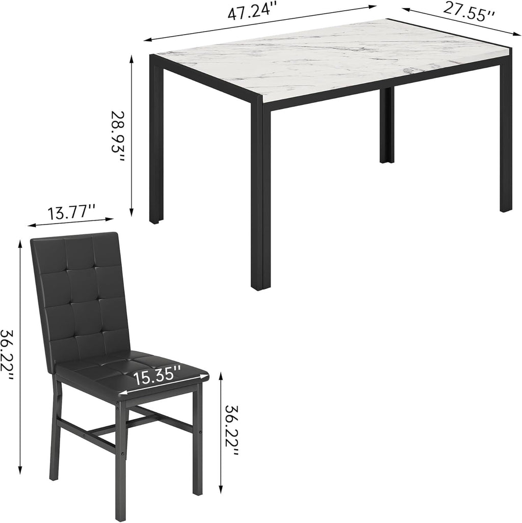 MOOSENG 5-Piece Dining Table Set with Faux Marble Top, Modern Kitchen Table and Set of 4 Grey Velvet Upholstered Chairs, Space-Saving Dinette Set for Small Spaces