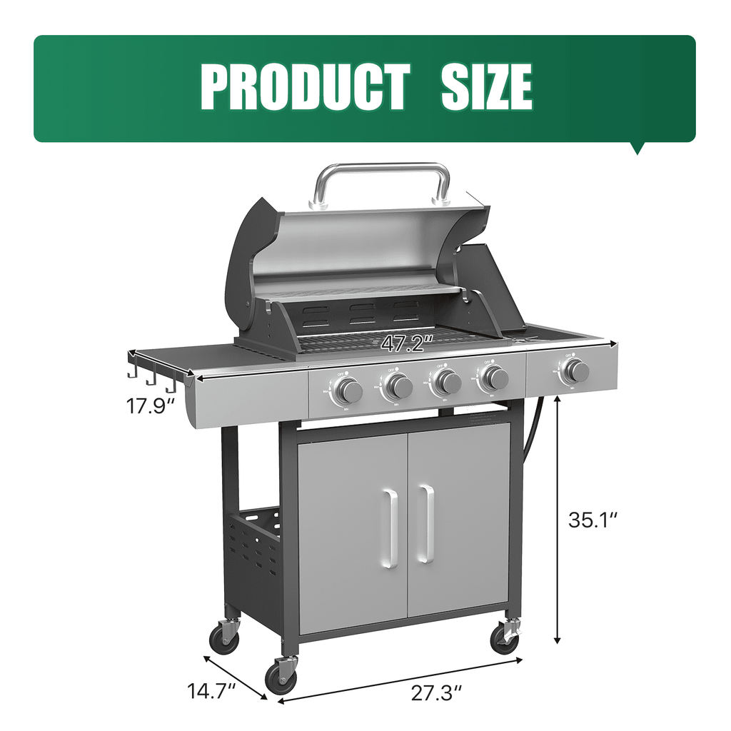 Clouddwell 4 Burner Gas Propane Grill, with 4 Casters, Side Table, and Thermometer, Patio Garden BBQ Grill Perfect for Camping, Black and Silver