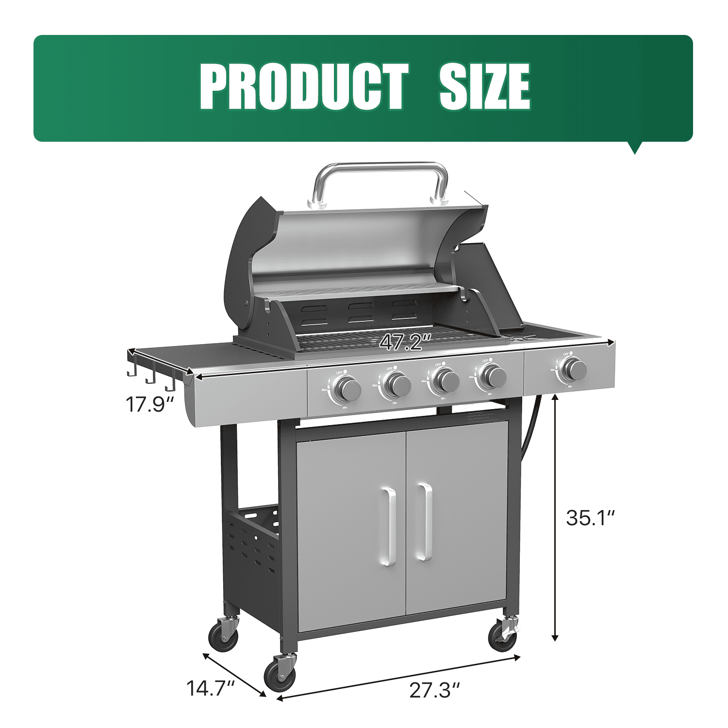 Clouddwell 4 Burner Gas Propane Grill, with 4 Casters, Side Table, and Thermometer, Patio Garden BBQ Grill Perfect for Camping, Black and Silver