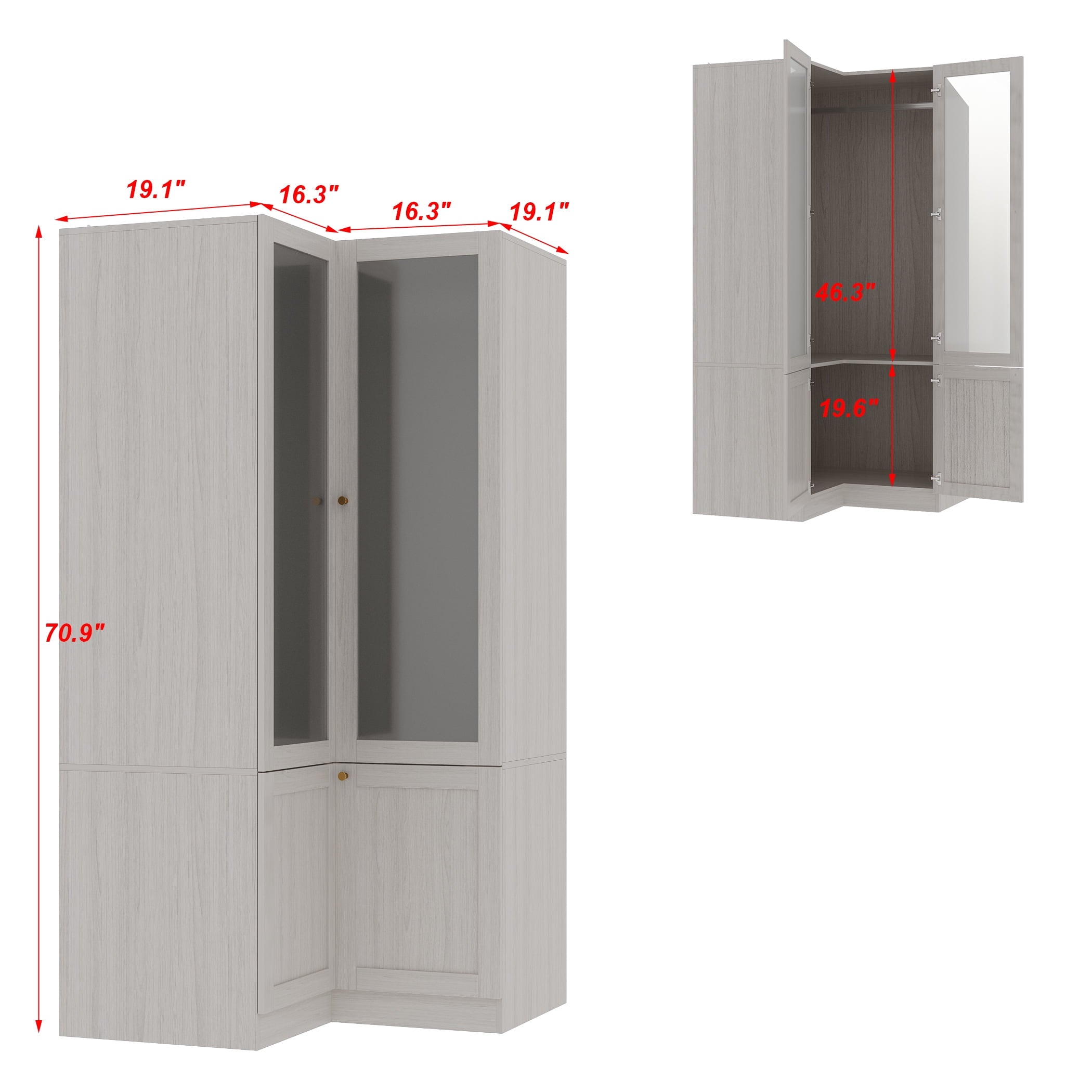 KULAGAGA Corner Armoire Wardrobe with Frosted Glass Doors, L-Shaped Closet Cabinet with Shelves and Hanging Rail for Bedroom