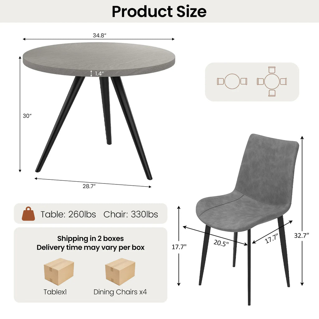 34.8 Round Dining Table Set for 4,5 Piece Mid-Century Modern Dining Set with 4 Upholstered Dining Chairs,Leisure Coffee Table for Kitchen Dining Room, Save Space