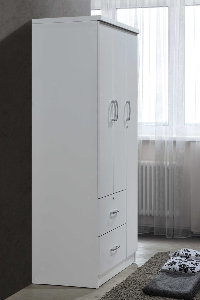 Hodedah 3 Door Bedroom Armoire with Drawers, White Finish