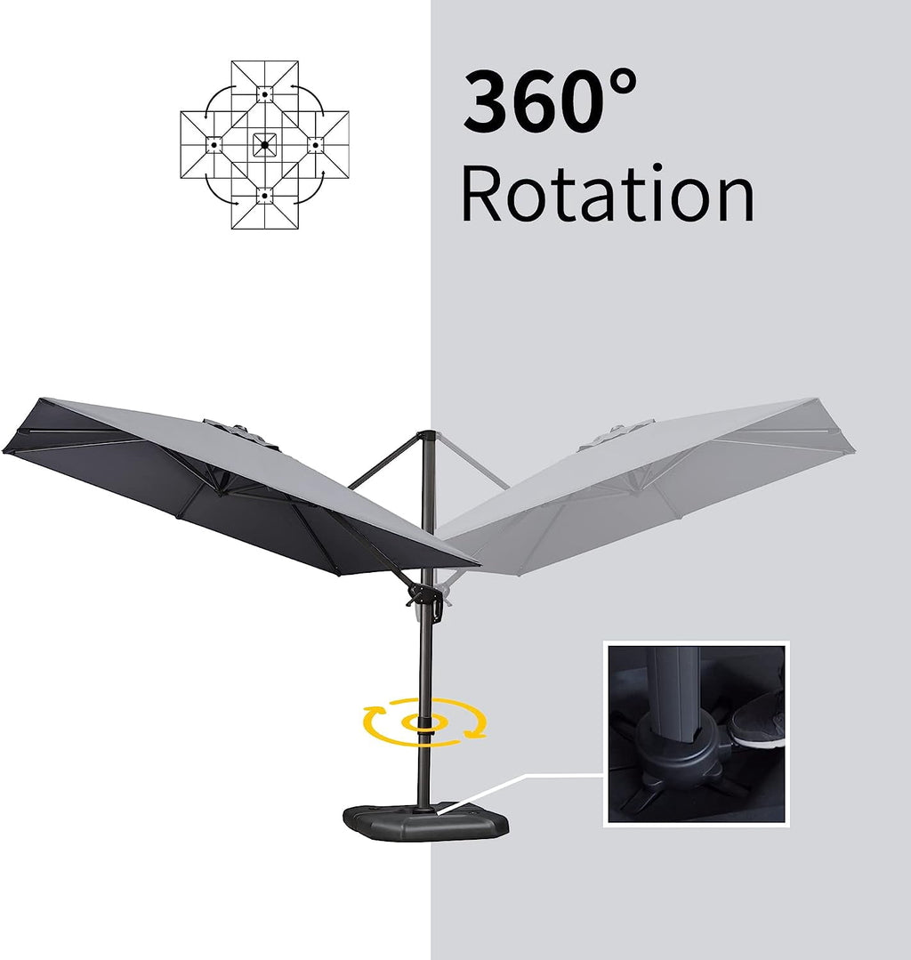 PURPLE LEAF 10x10 Ft Cantilever Umbrella Square Outdoor Patio Umbrella Large Offset Hanging Umbrella Aluminum Umbrella with 360°Rotation Adjustable Garden Pool Umbrella,Gray