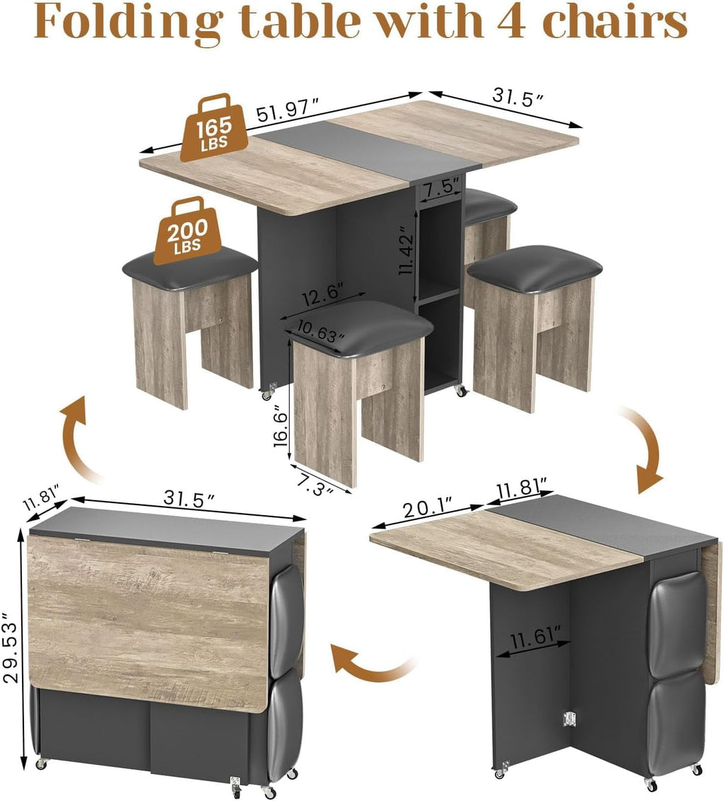 MIERES Folding Dining Table Set for 4, Dinner Table with 4 Leather Chairs and Shelves, Space Saving Foldable Dining Table with 6 Wheels, Kitchen Table for Small Spaces (Grey)