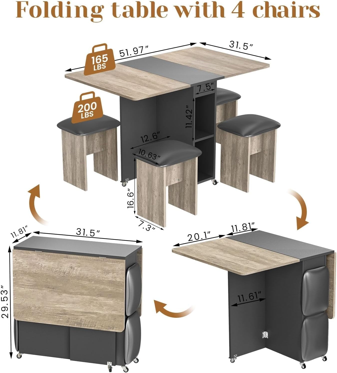MIERES Folding Dining Table Set for 4, Dinner Table with 4 Leather Chairs and Shelves, Space Saving Foldable Dining Table with 6 Wheels, Kitchen Table for Small Spaces (Grey)