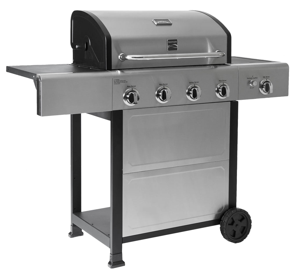 Kenmore 4-Burner Outdoor Propane Gas Grill with Side Burner, Open Cart, Stainless Steel