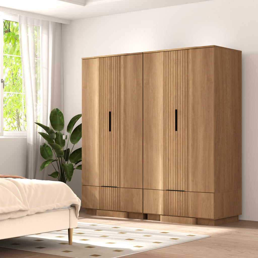 Brafabhome 67H Fluted Armoire Wardrobe Closet with Drawer, Wooden 2 Doors Wardrobe Cabinet with Hanging Rod & Adjustable Shelf for Bedroom | Nature