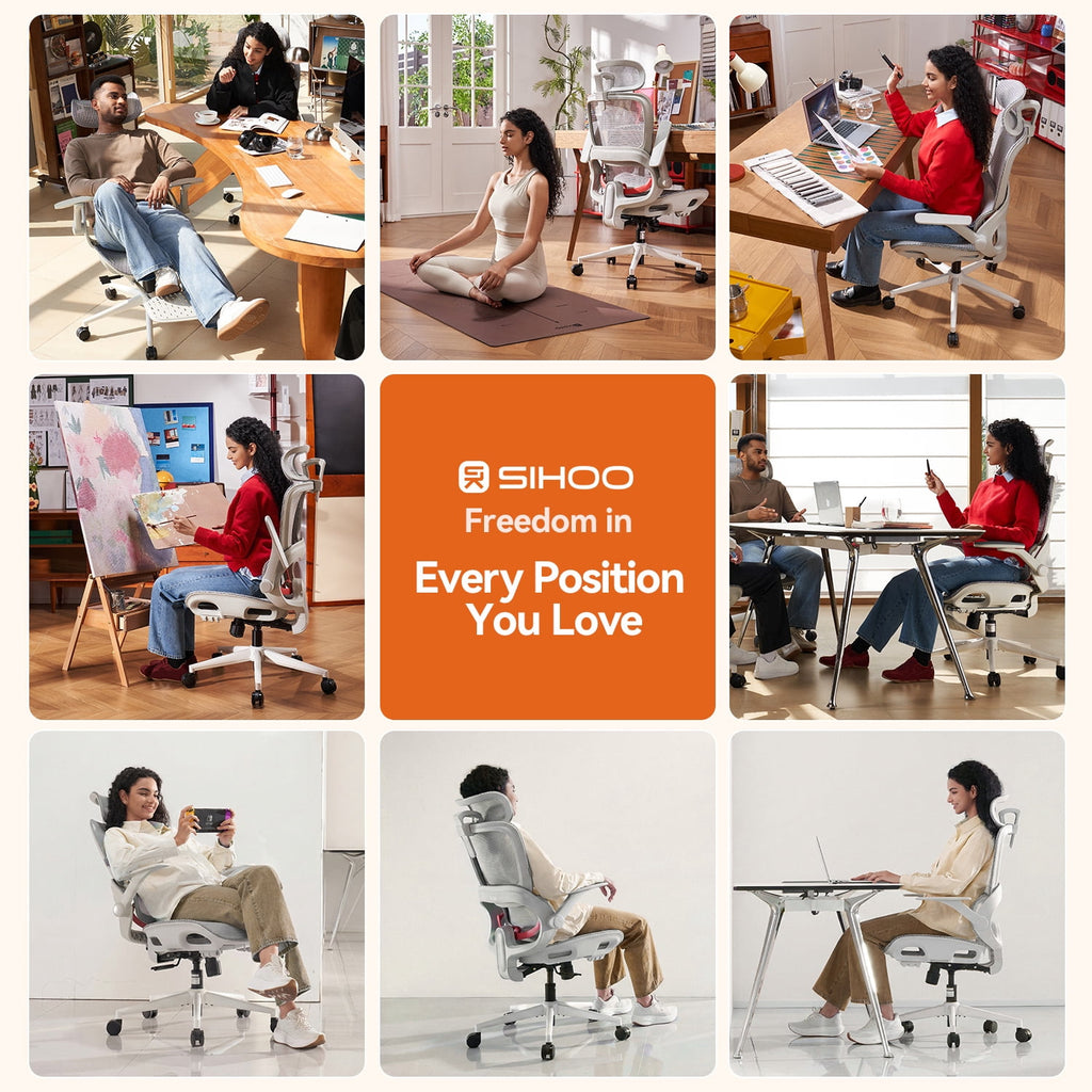 SIHOO B100 Ergonomic Office Chair, Task Chair with Zoned Back Support, 2D Wide Headrest Study Chair for Teenager, High Back Executive Chair for Home Office, White